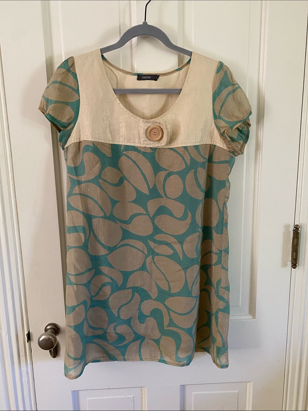 Theme Teal and Beige Short Shift Dress with Button Accent